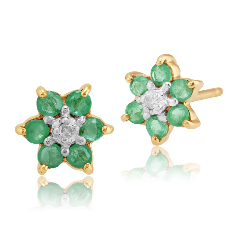 Floral Round Emerald & Diamond Cluster Stud Earrings in 9ct Yellow Gold sold by Gemondo Jewellery