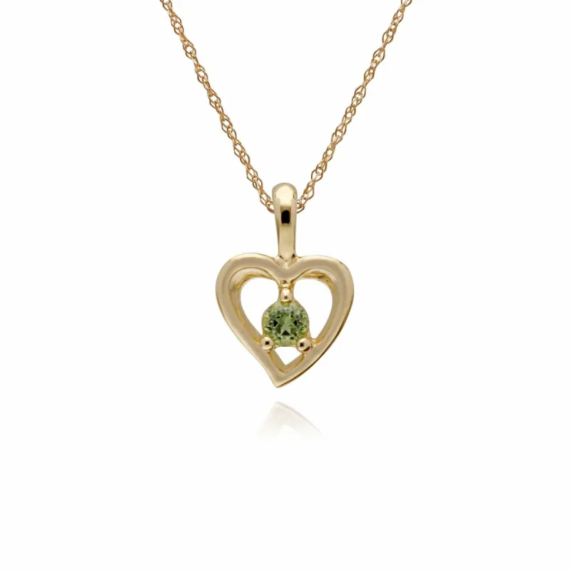 Classic Single Stone Round Peridot Open Love Heart Pendant in 9ct Yellow Gold sold by Gemondo Jewellery