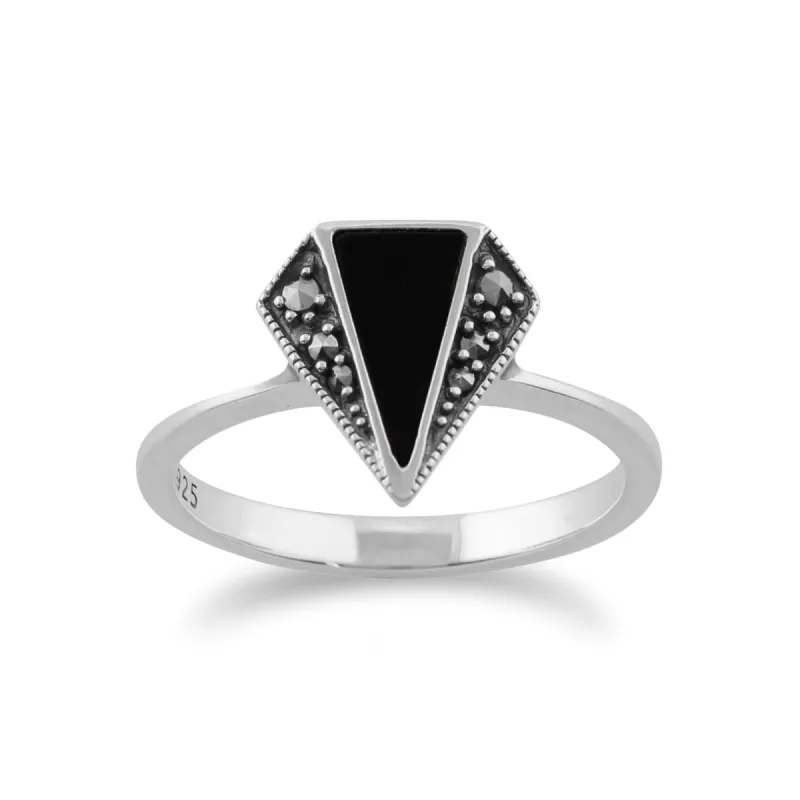 Art Deco Style Triangle Black Onyx & Marcasite Ring in 925 Sterling Silver sold by Gemondo Jewellery