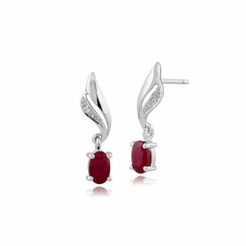 Classic Oval Ruby & Diamond Twist Drop Earrings in 9ct White Gold sold by Gemondo Jewellery