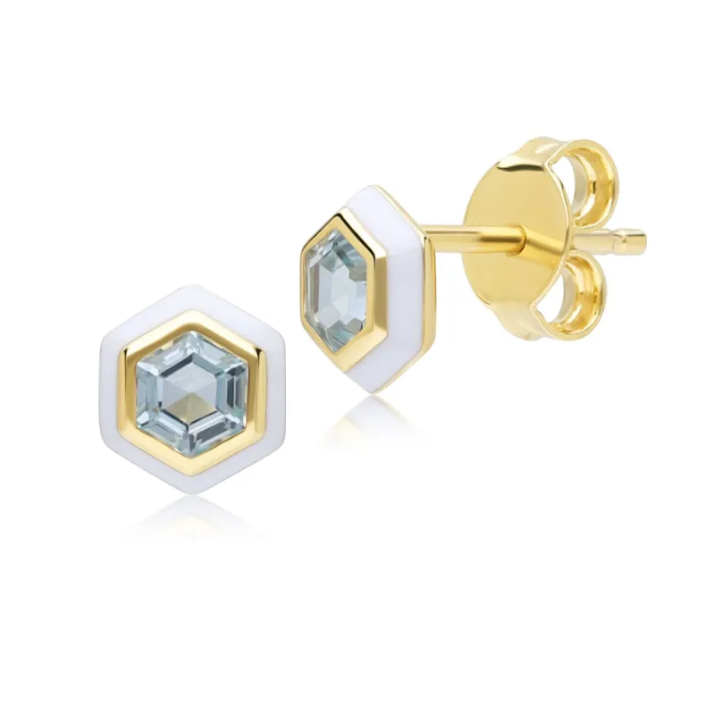 Geometric Hex Blue Topaz and White Enamel Stud Earrings in Gold Plated Sterling Silver sold by Gemondo Jewellery