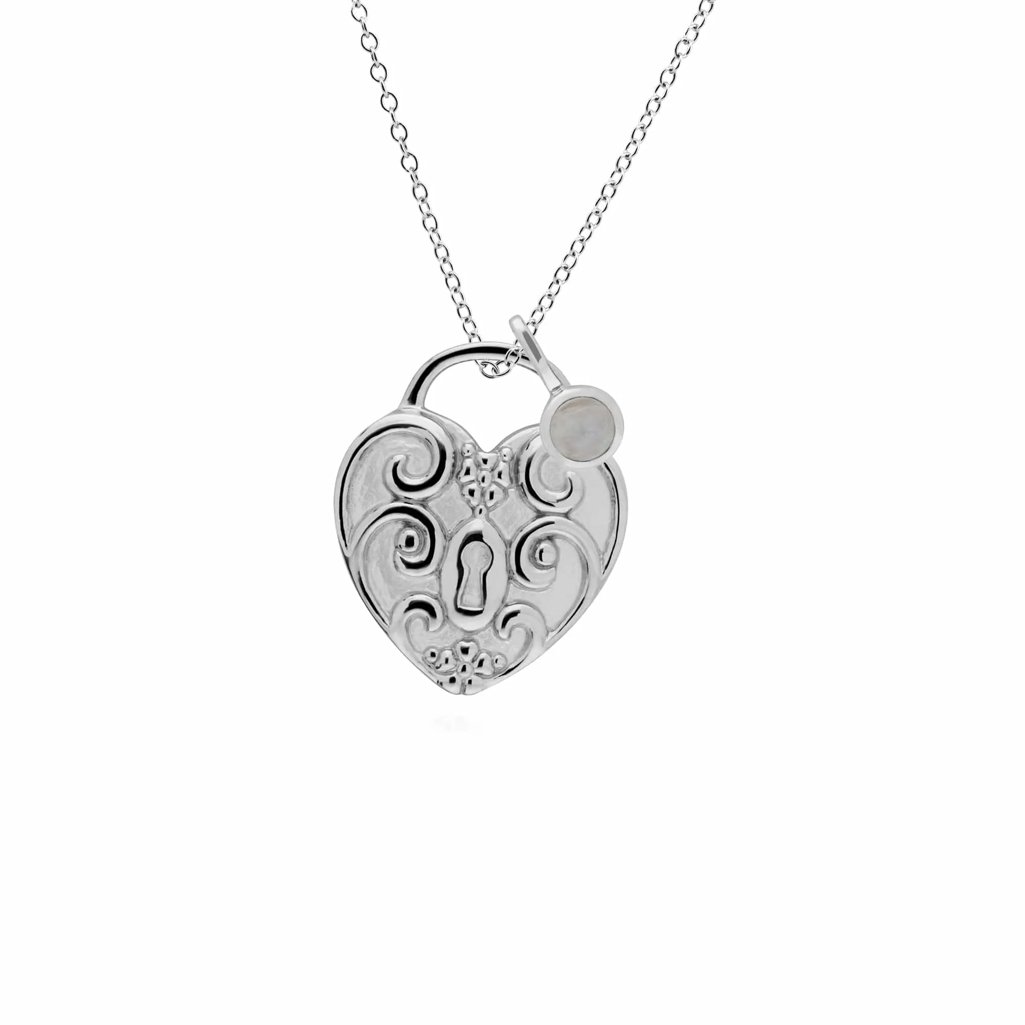 Classic Swirl Heart Lock Pendant & Rainbow Moonstone Charm in 925 Sterling Silver sold by Gemondo Jewellery