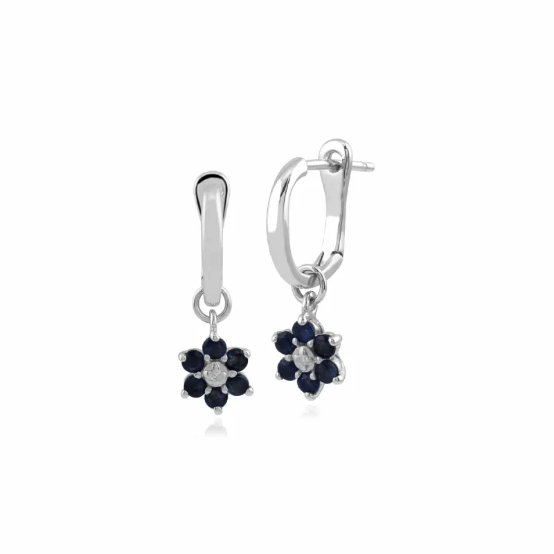 Floral Round Sapphire & Diamond Omega Back Hoop Earrings in 9ct White Gold sold by Gemondo Jewellery