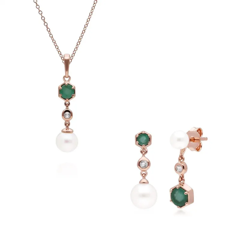 Modern Pearl, Emerald & Topaz Pendant & Earring Set in Rose Gold Plated Silver sold by Gemondo Jewellery