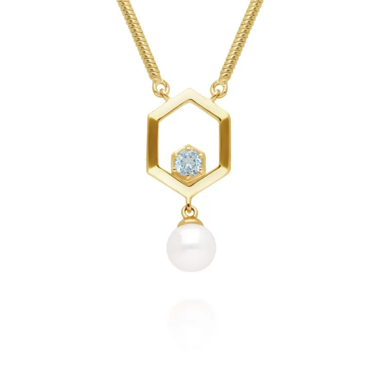Modern Pearl & Topaz Hexagon Drop Necklace in Gold Plated Silver sold by Gemondo Jewellery