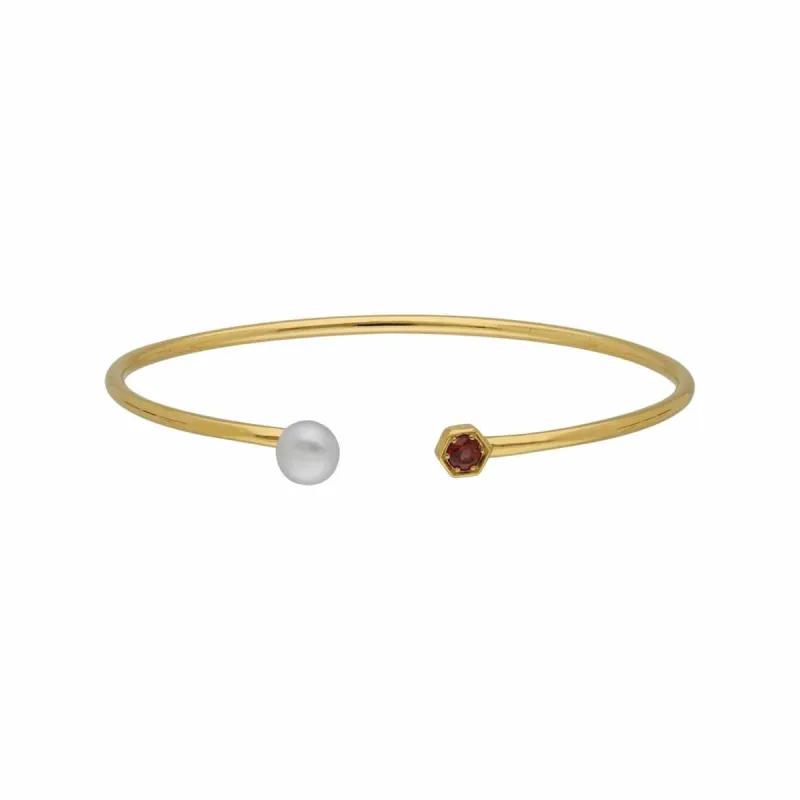 Geometric Pearl & Garnet Open Bangle in Gold Plated Silver sold by Gemondo Jewellery