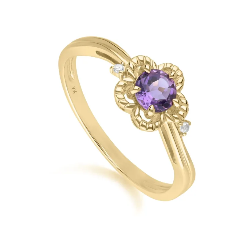Floral Round Amethyst & Diamond Ring in 9ct Yellow Gold sold by Gemondo Jewellery