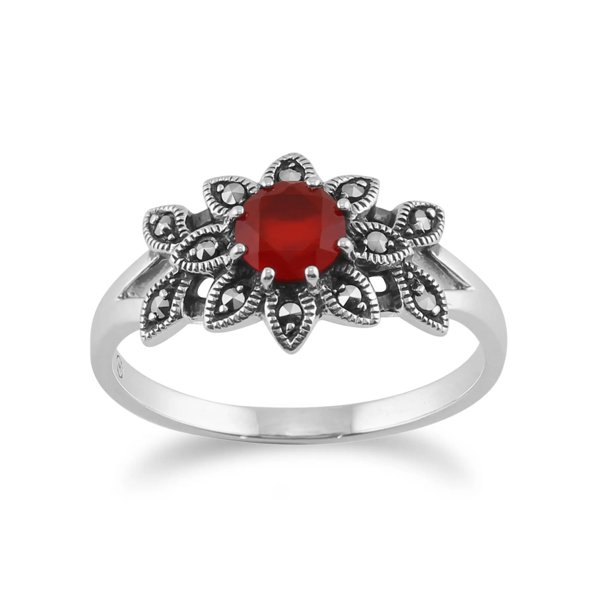 Gemondo 925 Sterling Silver Floral Art Deco Carnelian & Marcasite Ring sold by Gemondo Jewellery