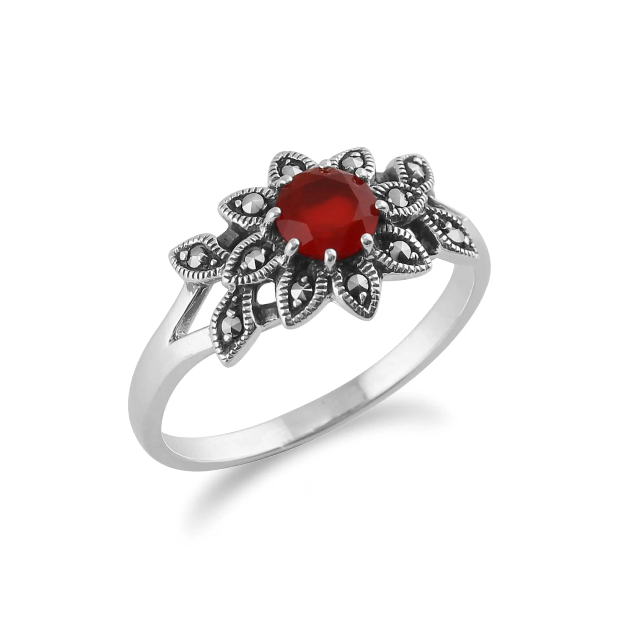 Gemondo 925 Sterling Silver Floral Art Deco Carnelian & Marcasite Ring sold by Gemondo Jewellery product image thumbnail 2