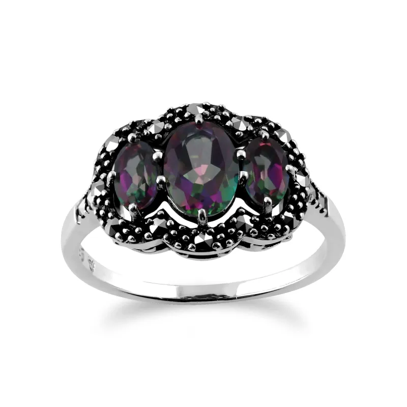 Art Deco Style Oval Mystic Topaz & Marcasite Three Stone Ring In Sterling Silver sold by Gemondo Jewellery