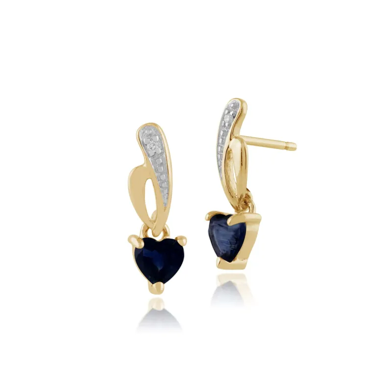 Classic Heart Light Blue Sapphire & Diamond Drop Earrings in 9ct Yellow Gold sold by Gemondo Jewellery