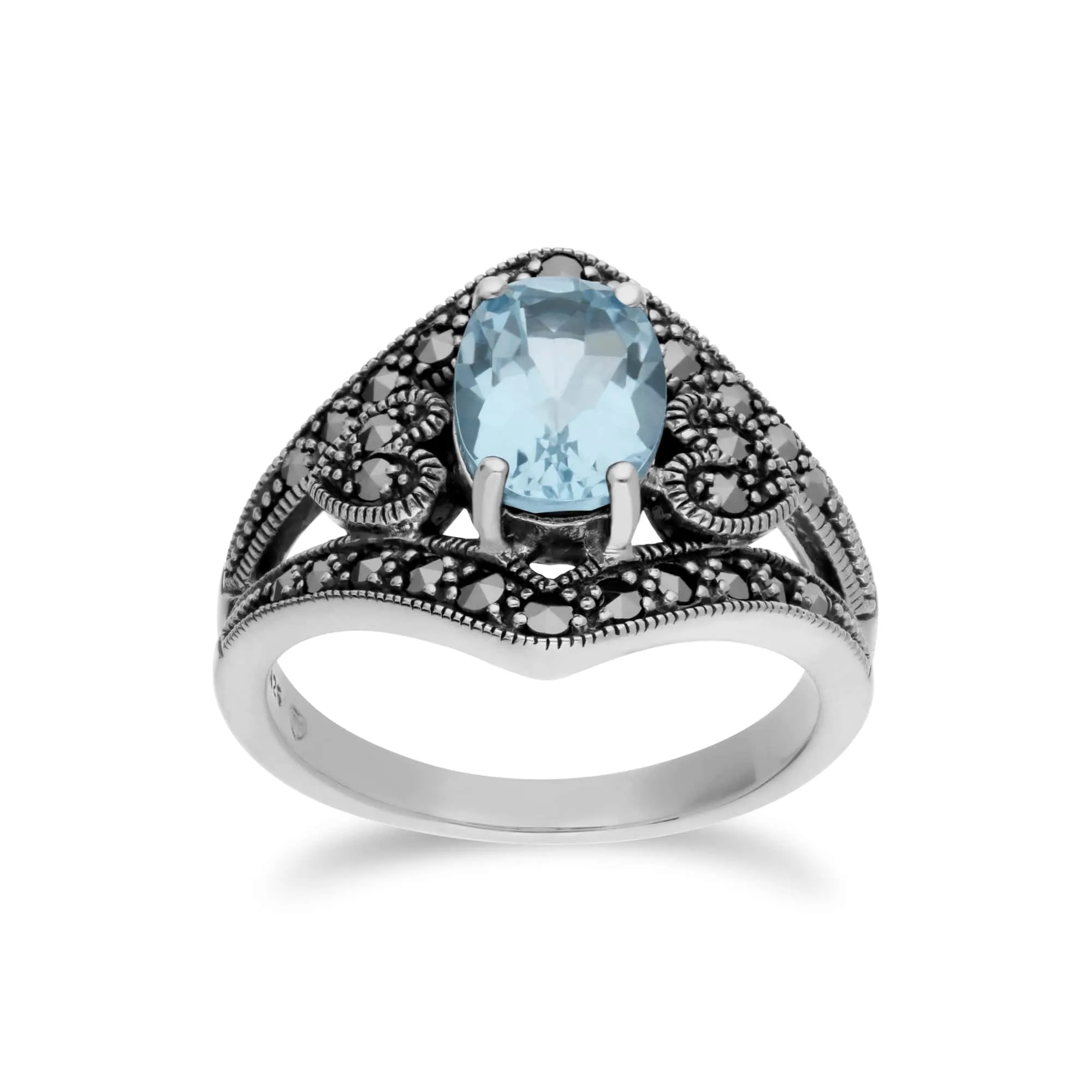 Art Deco Style Oval Blue Topaz & Marcasite in 925 Sterling Silver sold by Gemondo Jewellery