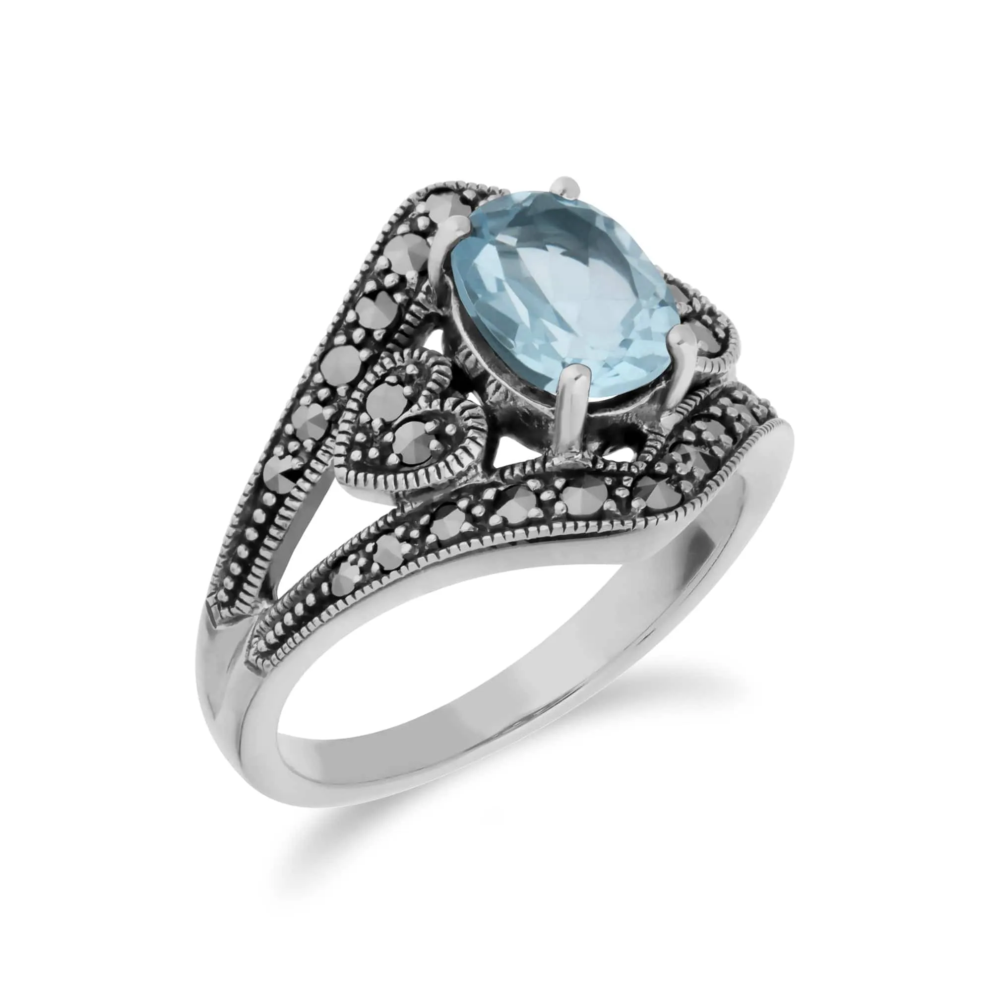 Art Deco Style Oval Blue Topaz & Marcasite in 925 Sterling Silver sold by Gemondo Jewellery product image thumbnail 2