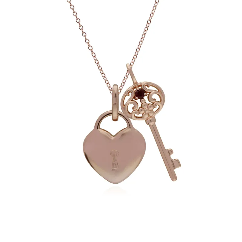 Classic Heart Lock Pendant & Garnet Big Key Charm in Rose Gold Plated 925 Sterling Silver sold by Gemondo Jewellery