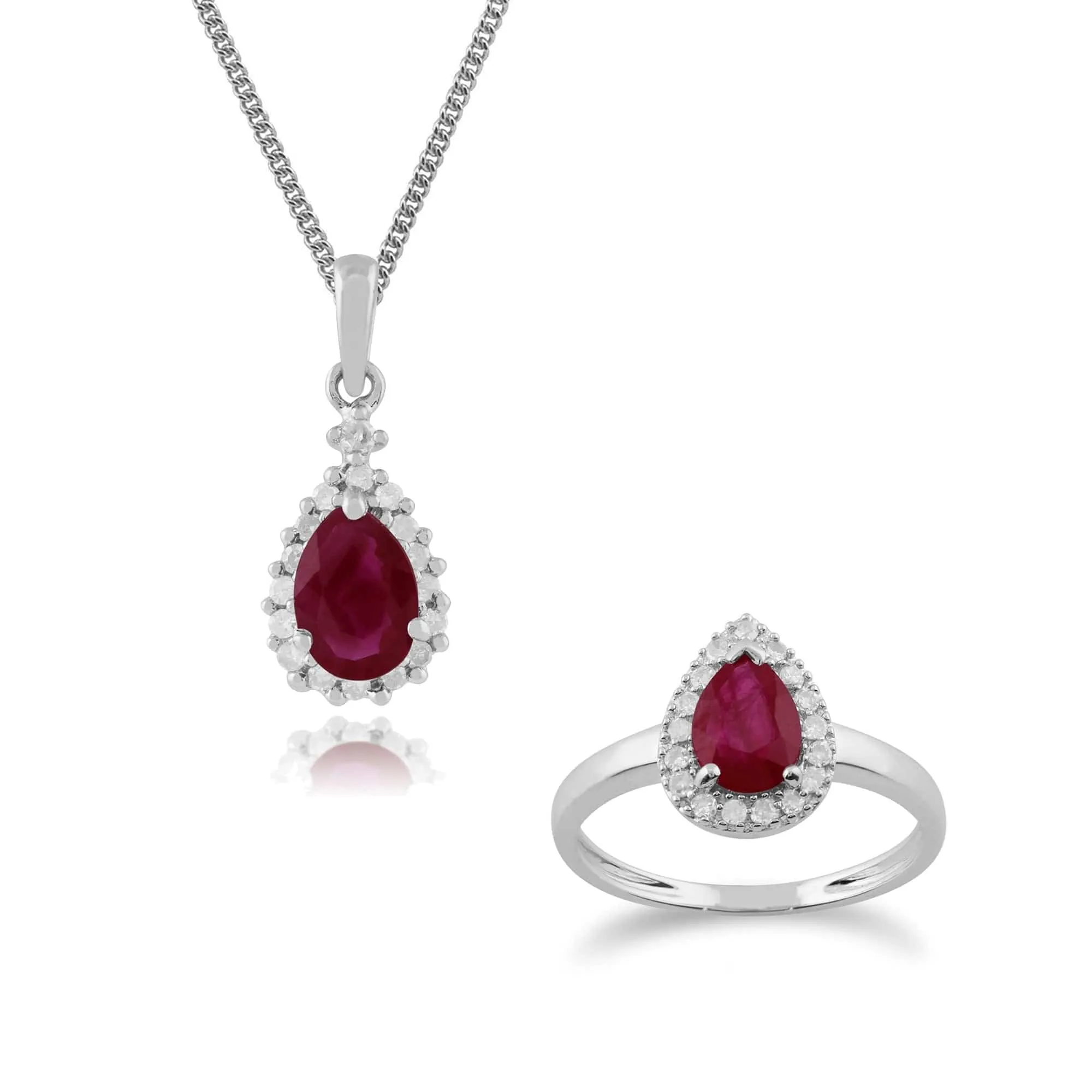 Classic Pear Ruby & Diamond Halo Pendant & Ring Set in 9ct Yellow Gold sold by Gemondo Jewellery