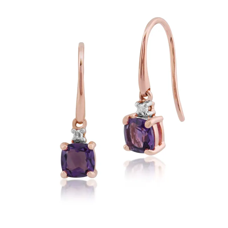Classic Cushion Amethyst & Diamond Drop Earrings in 9ct Rose Gold sold by Gemondo Jewellery
