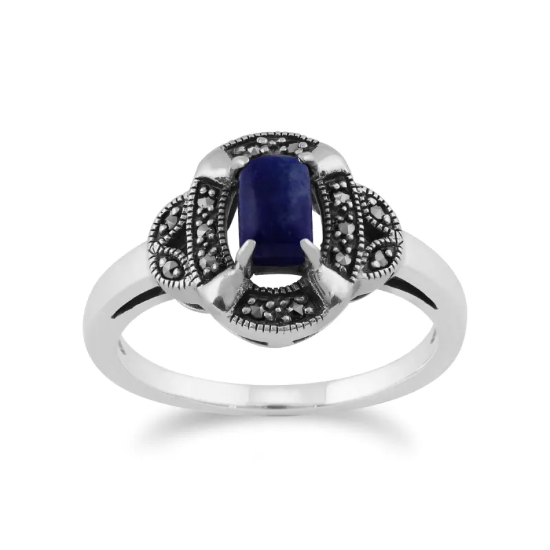 Gemondo 925 Sterling Silver 0.50ct Lapis Lazuli & Marcasite Art Deco Ring sold by Gemondo Jewellery