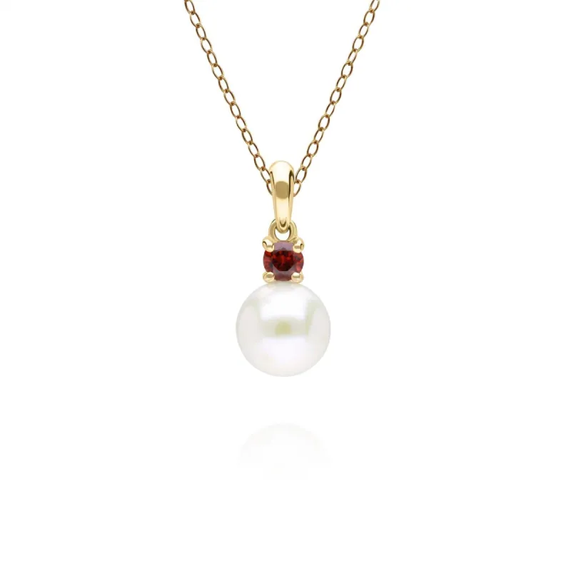 Modern Pearl & Garnet Pendant in 9ct Yellow Gold sold by Gemondo Jewellery