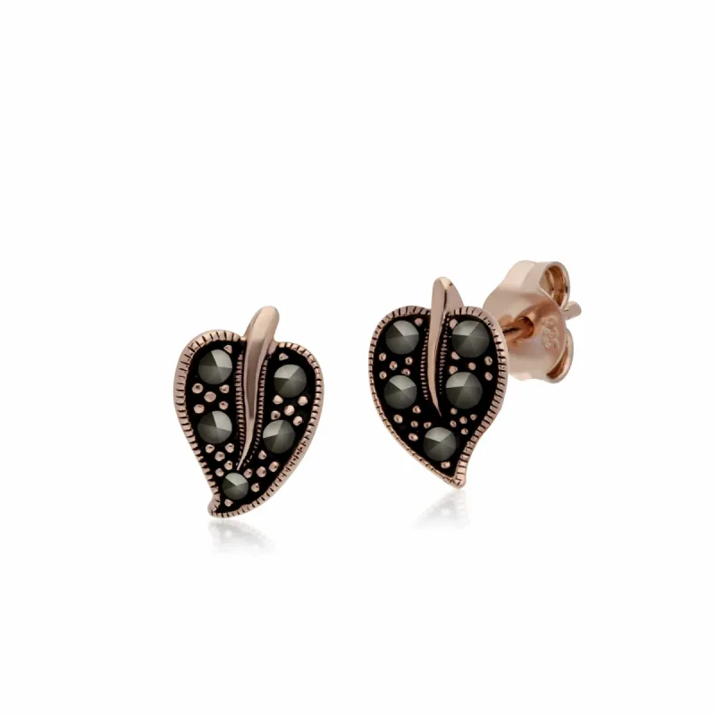 Rose Gold Plated Round Marcasite Leaf Stud Earrings in 925 Sterling Silver sold by Gemondo Jewellery