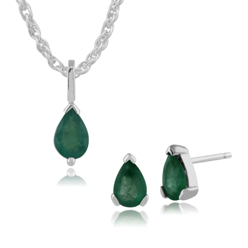Classic Pear Emerald Single Stone Stud Earrings & Pendant Set in 9ct White Gold sold by Gemondo Jewellery