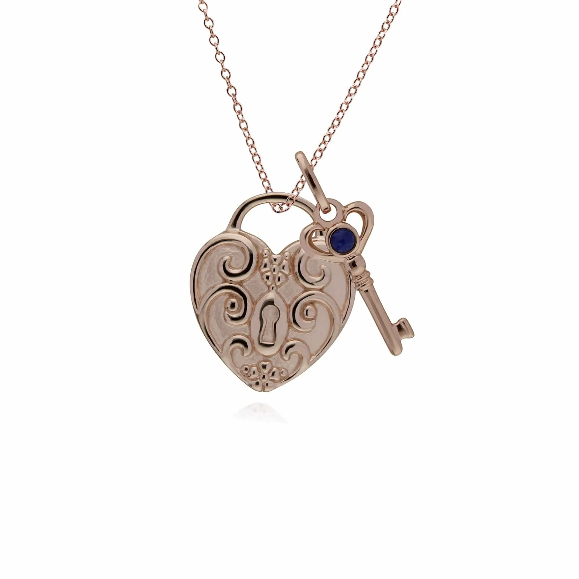 Classic Swirl Heart Lock Pendant & Lapis Lazuli Key Charm in Rose Gold Plated 925 Sterling Silver sold by Gemondo Jewellery