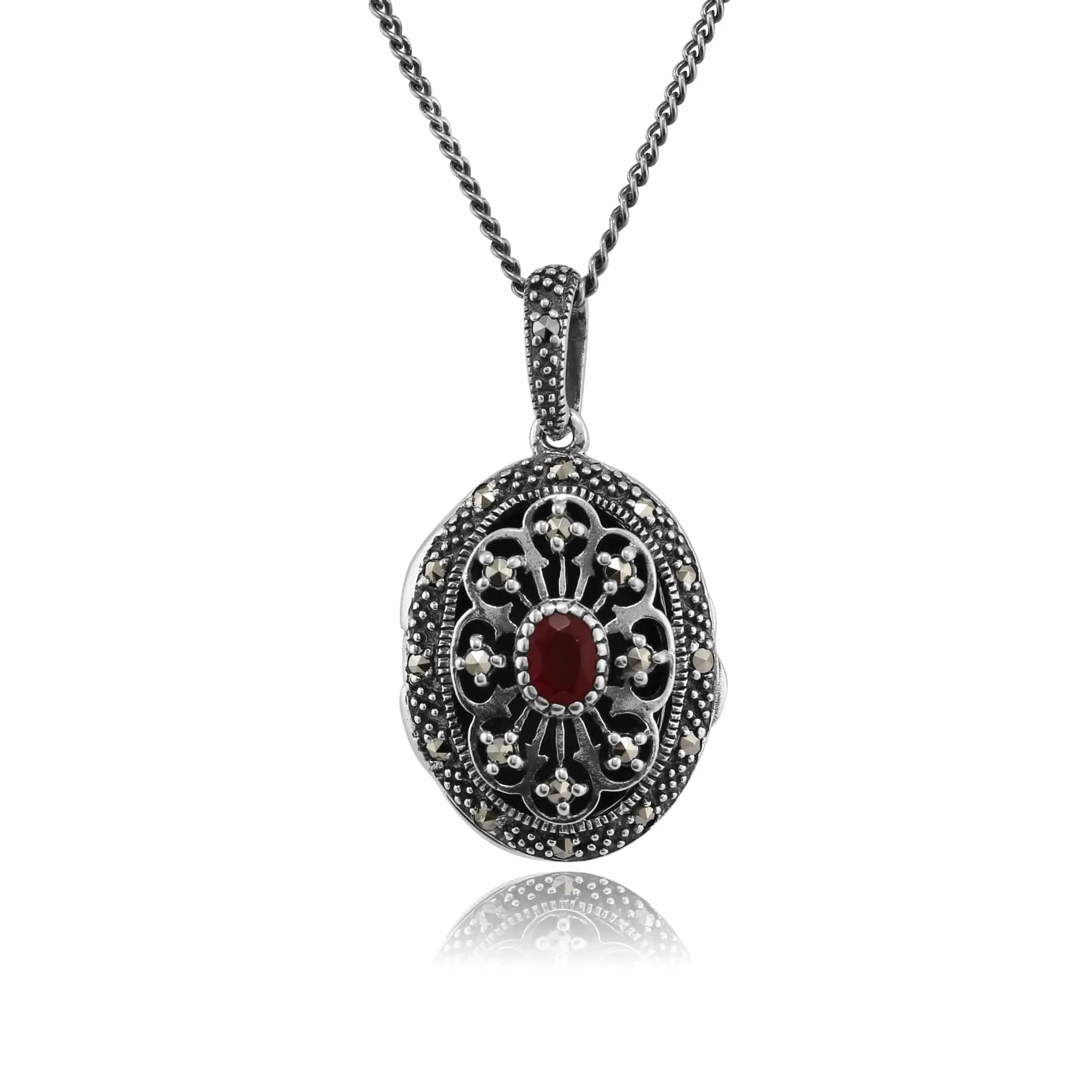 Victorian Style Oval Cornelian & Marcasite Locket on Chain in Sterling Silver sold by Gemondo Jewellery