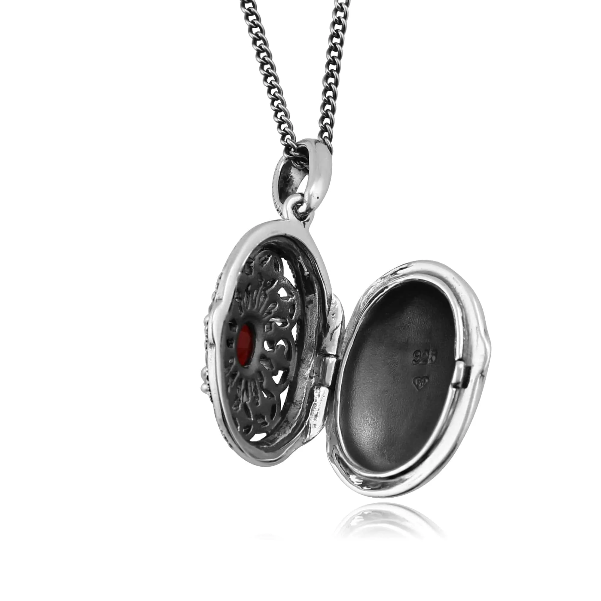 Victorian Style Oval Cornelian & Marcasite Locket on Chain in Sterling Silver sold by Gemondo Jewellery product image thumbnail 2