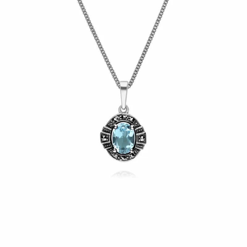 Art Deco Style Oval Blue Topaz & Marcasite Halo Pendant in 925 Sterling Silver sold by Gemondo Jewellery