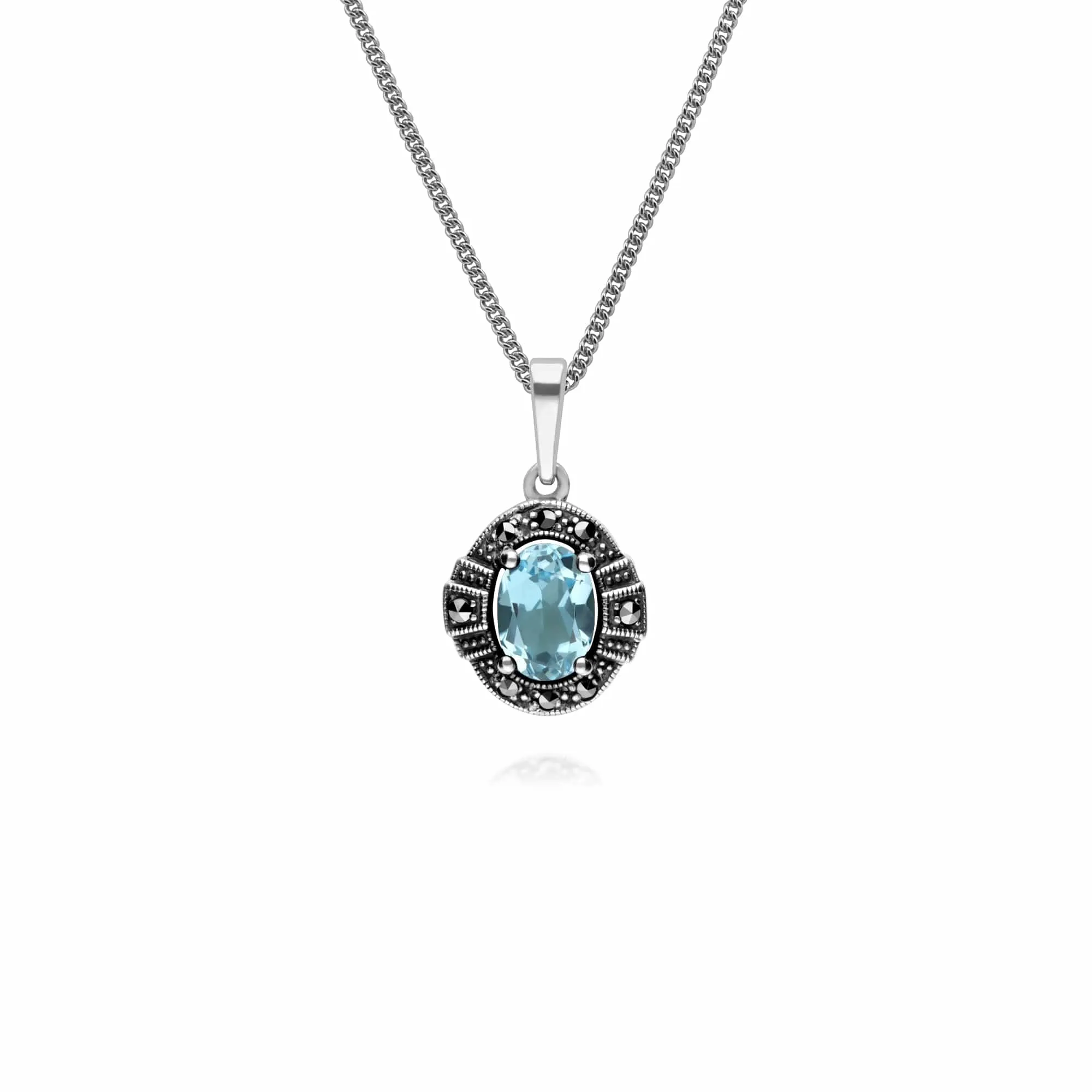 Art Deco Style Oval Blue Topaz & Marcasite Halo Pendant in 925 Sterling Silver sold by Gemondo Jewellery