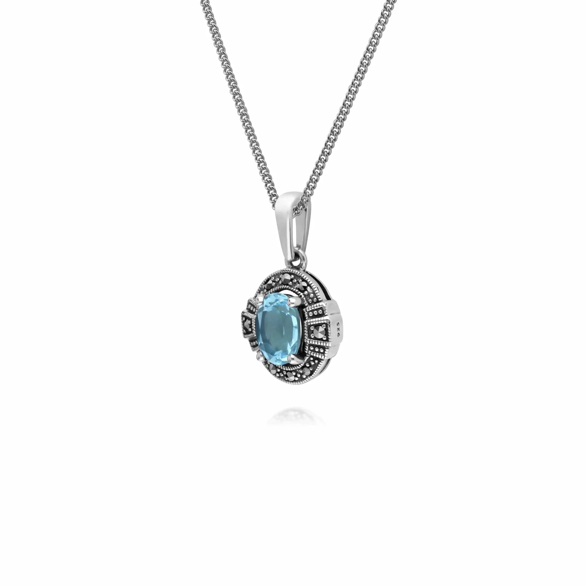 Art Deco Style Oval Blue Topaz & Marcasite Halo Pendant in 925 Sterling Silver sold by Gemondo Jewellery product image thumbnail 2