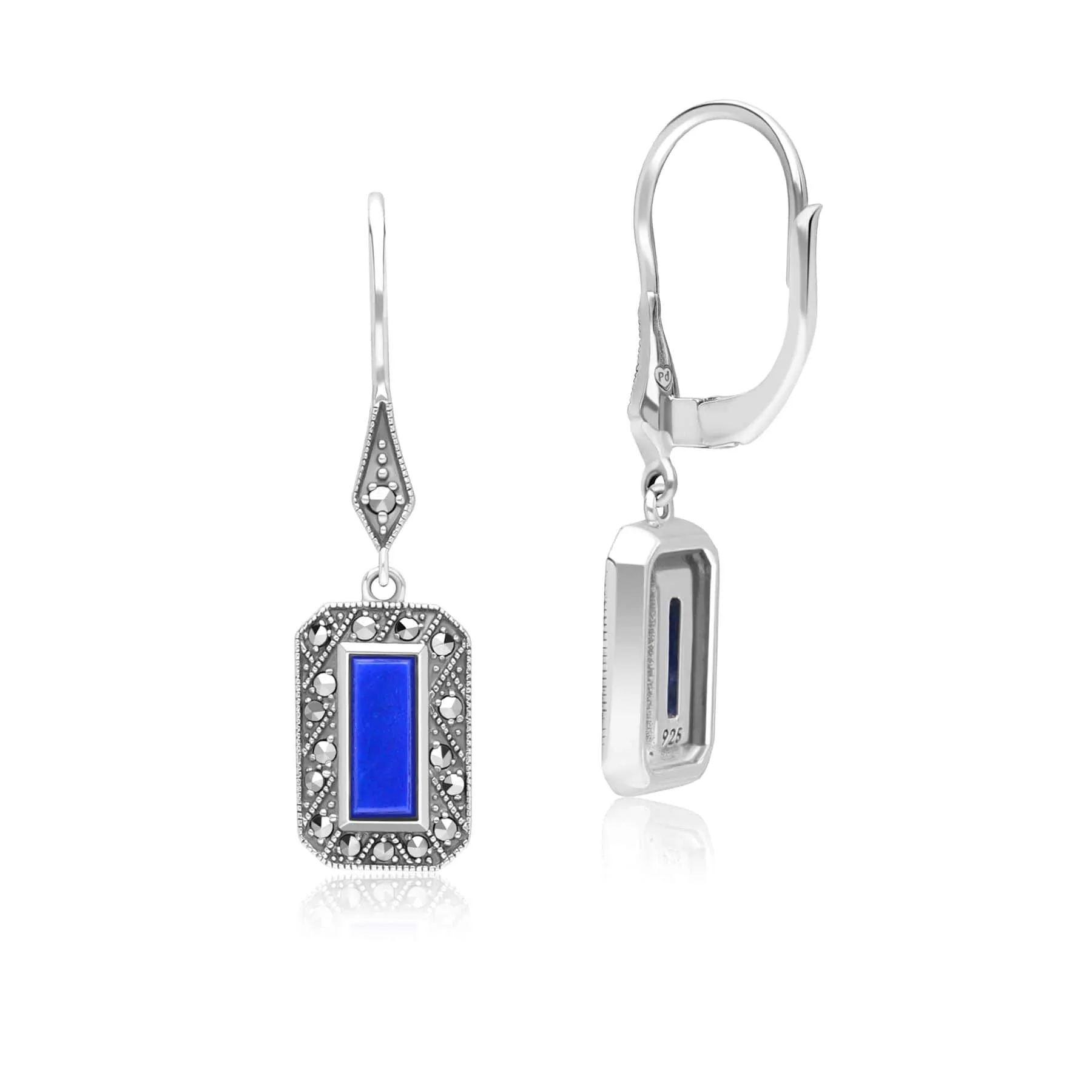 Art Deco Style Rectangle Lapis Lazuli and Marcasite Drop Earrings in Sterling Silver sold by Gemondo Jewellery product image thumbnail 3