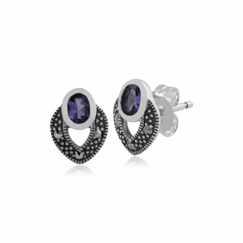Art Deco Style Oval Tanzanite & Marcasite Stud Earrings in 925 Sterling Silver sold by Gemondo Jewellery