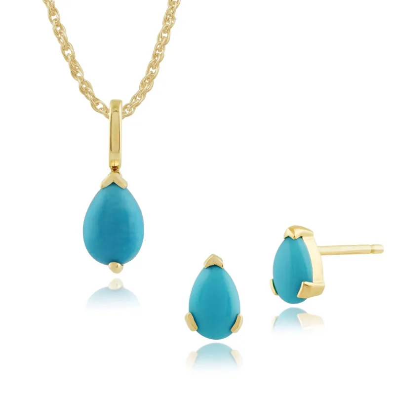 Classic Pear Turquoise Single Stone Stud Earrings & Pendant Set in 9ct Yellow Gold sold by Gemondo Jewellery
