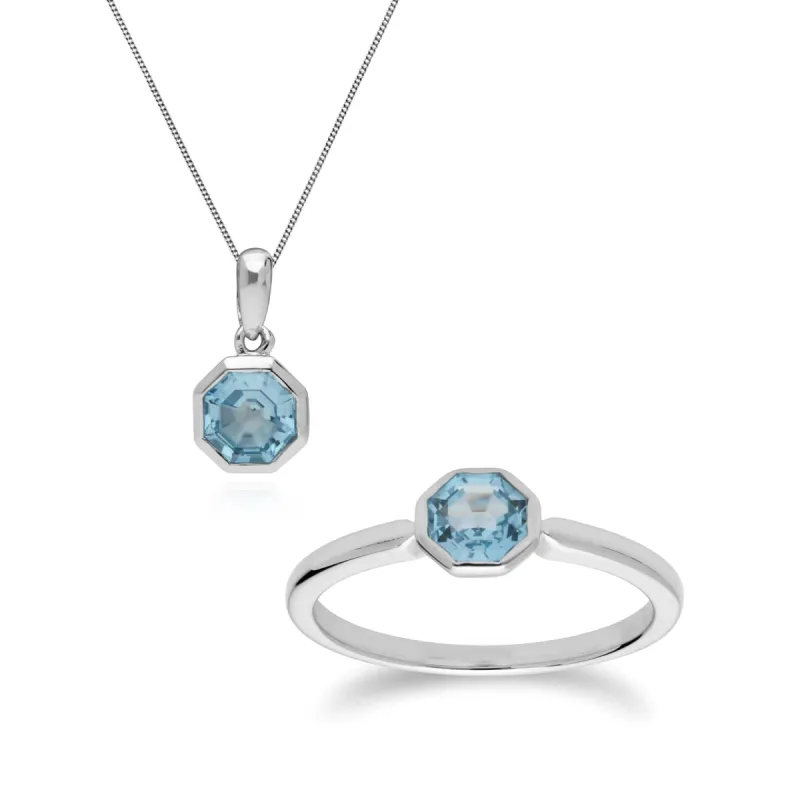 Geometric Octagon Blue Topaz Pendant & Ring Silver Set sold by Gemondo Jewellery