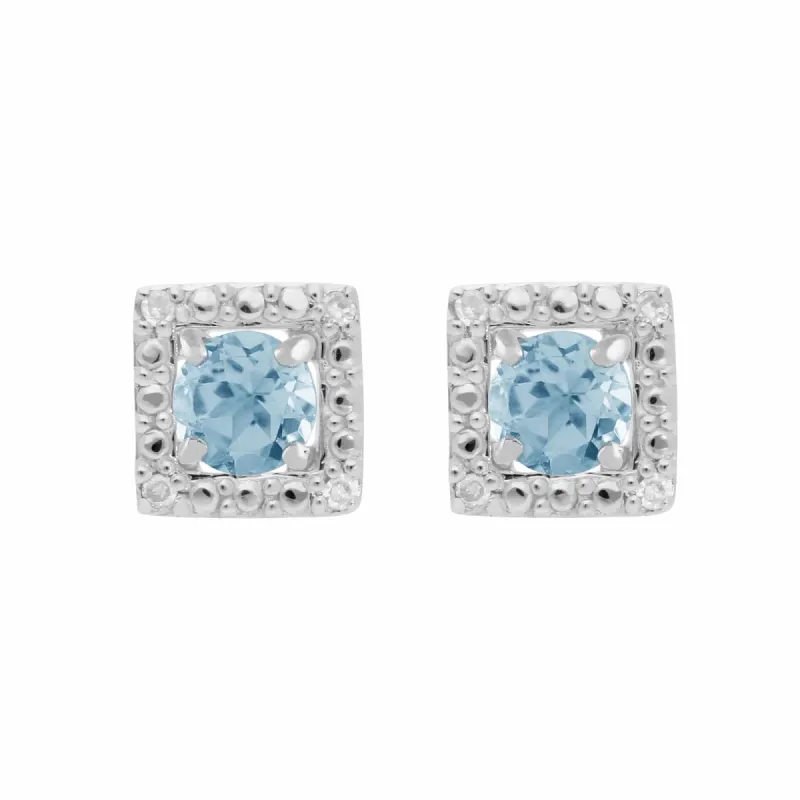 Classic Round Blue Topaz Stud Earrings with Detachable Diamond Square Ear Jacket in 9ct White Gold sold by Gemondo Jewellery