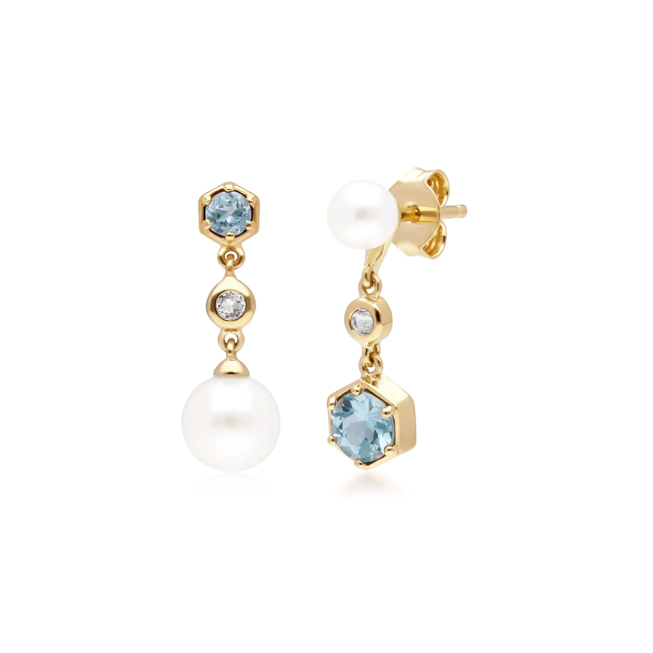 Modern Pearl, White & Blue Topaz Mismatched Drop Earrings in Gold Plated Silver sold by Gemondo Jewellery