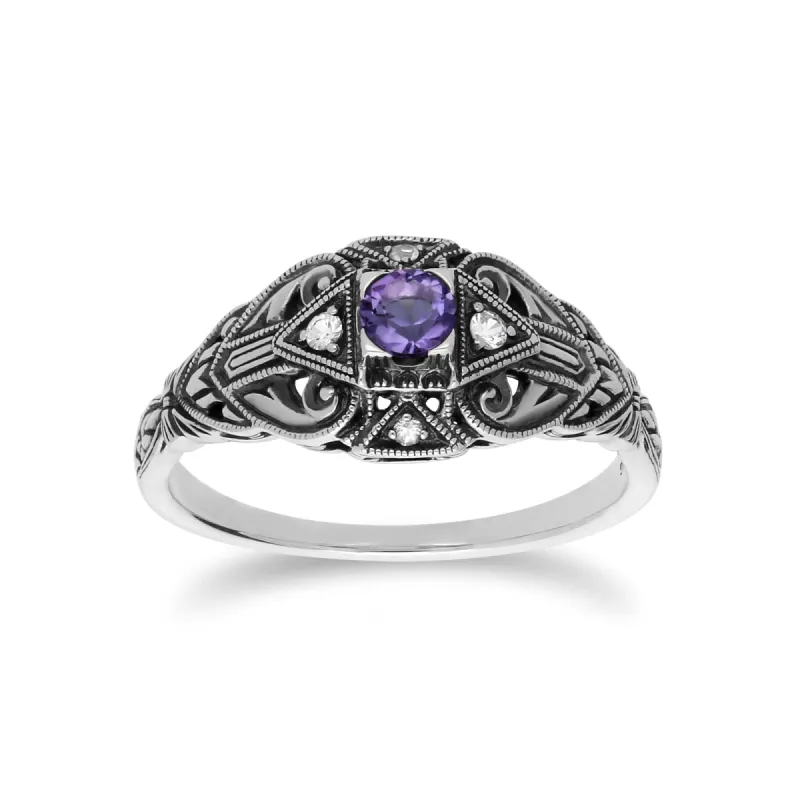 Art Deco Style Round Amethyst & White Topaz  Ring in 925 Sterling Silver sold by Gemondo Jewellery