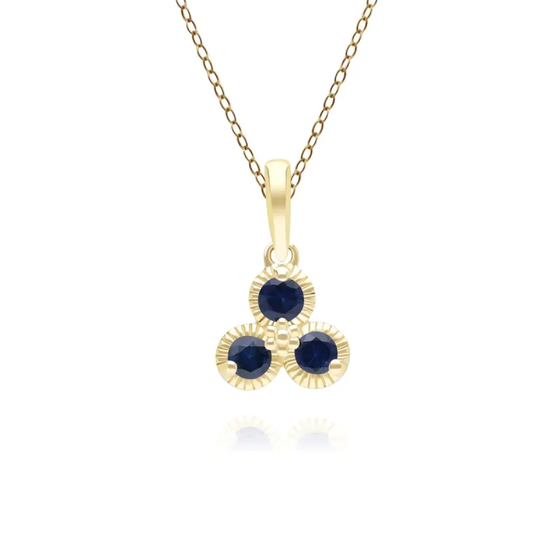 Floral Sapphire Three Stone Pendant Necklace in 9ct Yellow Gold sold by Gemondo Jewellery