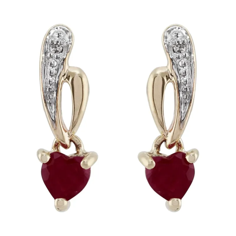 Art Nouveau Style Heart Ruby & Diamond Drop Earrings in 9ct Yellow Gold sold by Gemondo Jewellery