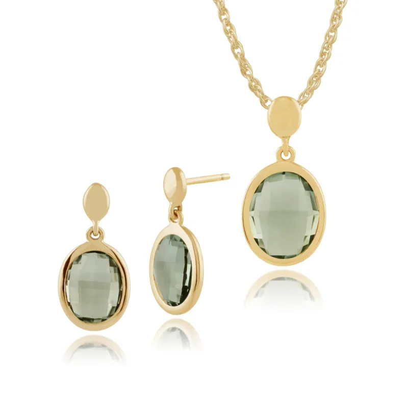 Classic Oval Mint Quartz Bezel Drop Earrings & Pendant Set in 9ct Yellow Gold sold by Gemondo Jewellery
