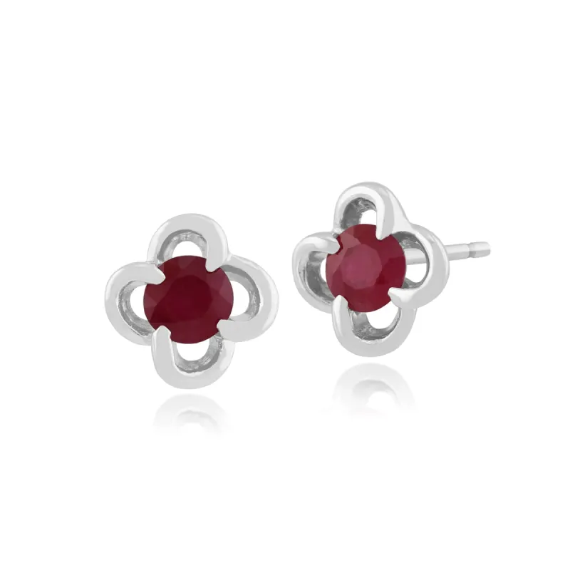 Floral Round Ruby & Diamond Halo Stud Earrings in 9ct White Gold sold by Gemondo Jewellery