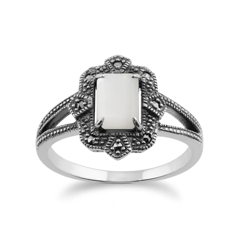 Art Deco Style Baguette Mother of Pearl & Marcasite Ring in 925 Sterling Silver sold by Gemondo Jewellery