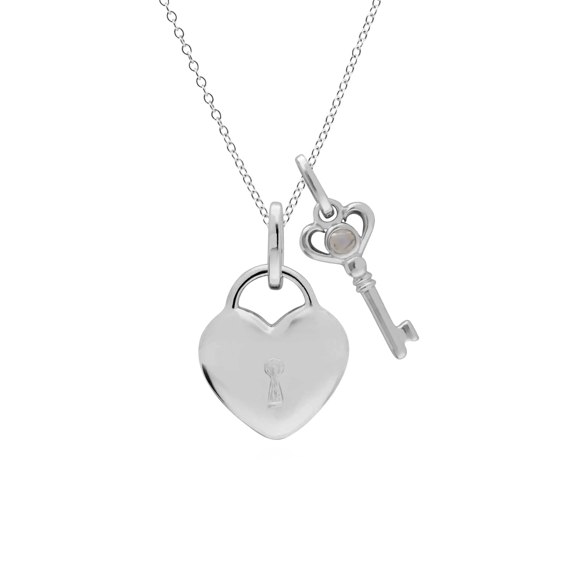 Classic Heart Lock Pendant & Rainbow Moonstone Key Charm in 925 Sterling Silver sold by Gemondo Jewellery