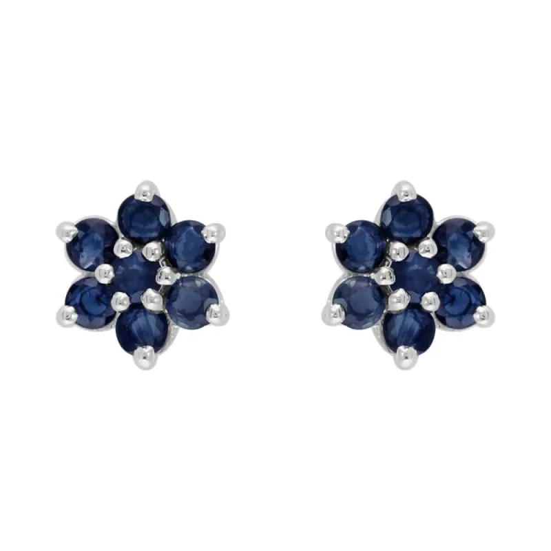 Floral Round Sapphire Cluster Stud Earrings in 925 Sterling Silver sold by Gemondo Jewellery