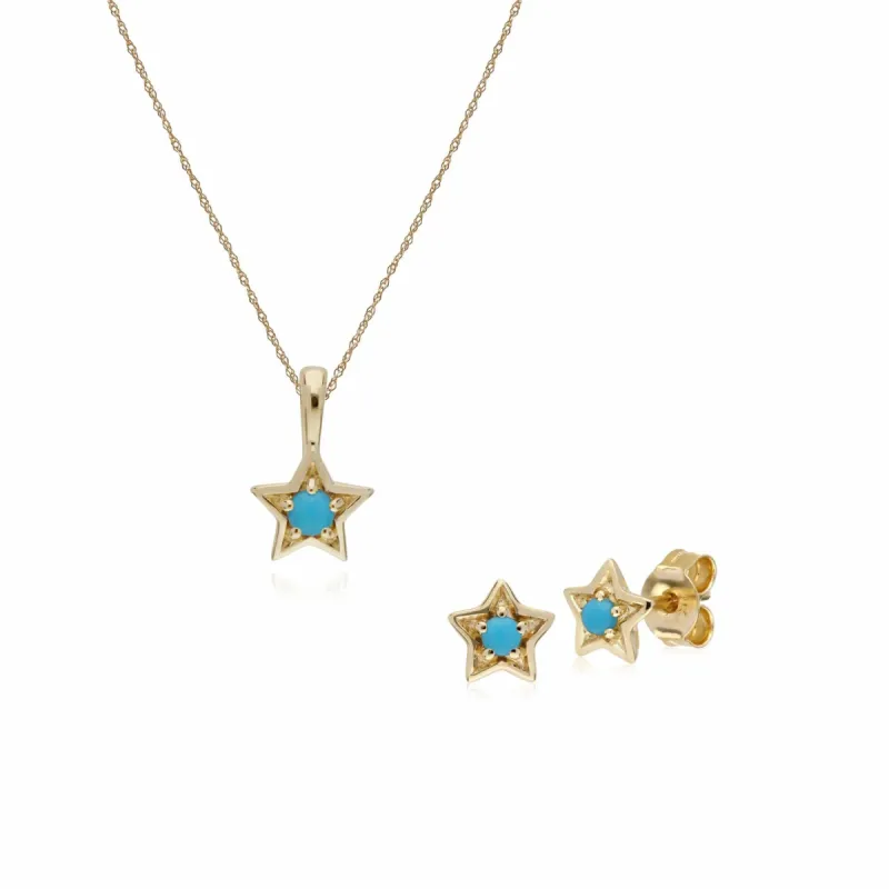 Contemporary Round Turquoise Single Stone Star Earrings & Necklace Set in 9ct Yellow Gold sold by Gemondo Jewellery