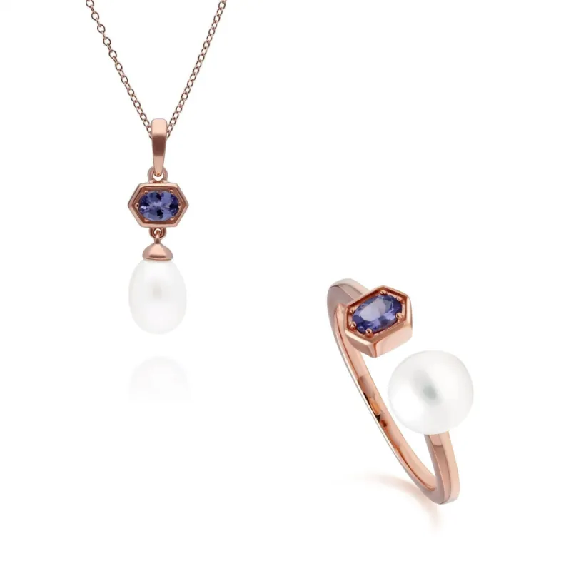 Modern Pearl & Tanzanite Pendant & Ring Set in Rose Gold Plated Silver sold by Gemondo Jewellery