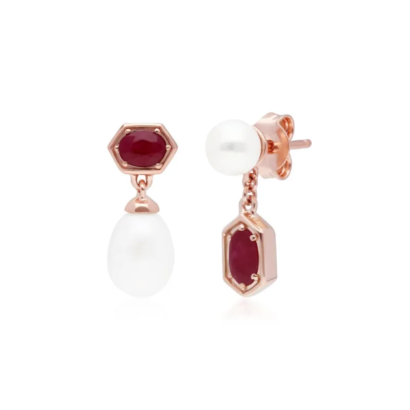 Modern Pearl & Ruby Mismatched Drop Earrings in Rose Gold Plated Silver sold by Gemondo Jewellery