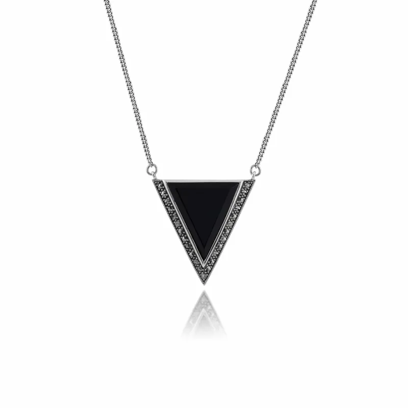 Art Deco Style Triangle Black Onyx & Marcasite Necklace in 925 Sterling Silver sold by Gemondo Jewellery