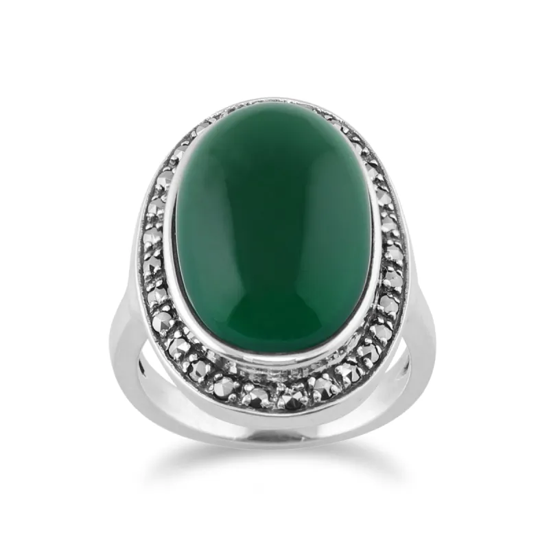 Green Chalcedony Sparkling Marcasite Oval Ring in 925 Sterling Silver sold by Gemondo Jewellery