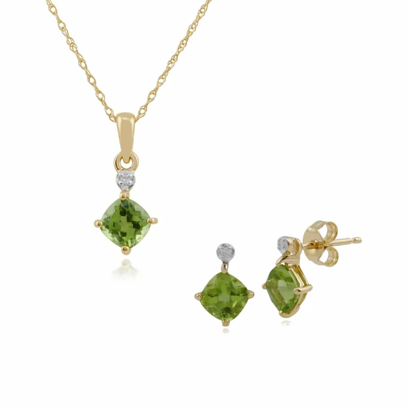 Classic Cushion Peridot & Diamond Stud Earrings & Pendant Set in 9ct Yellow Gold sold by Gemondo Jewellery